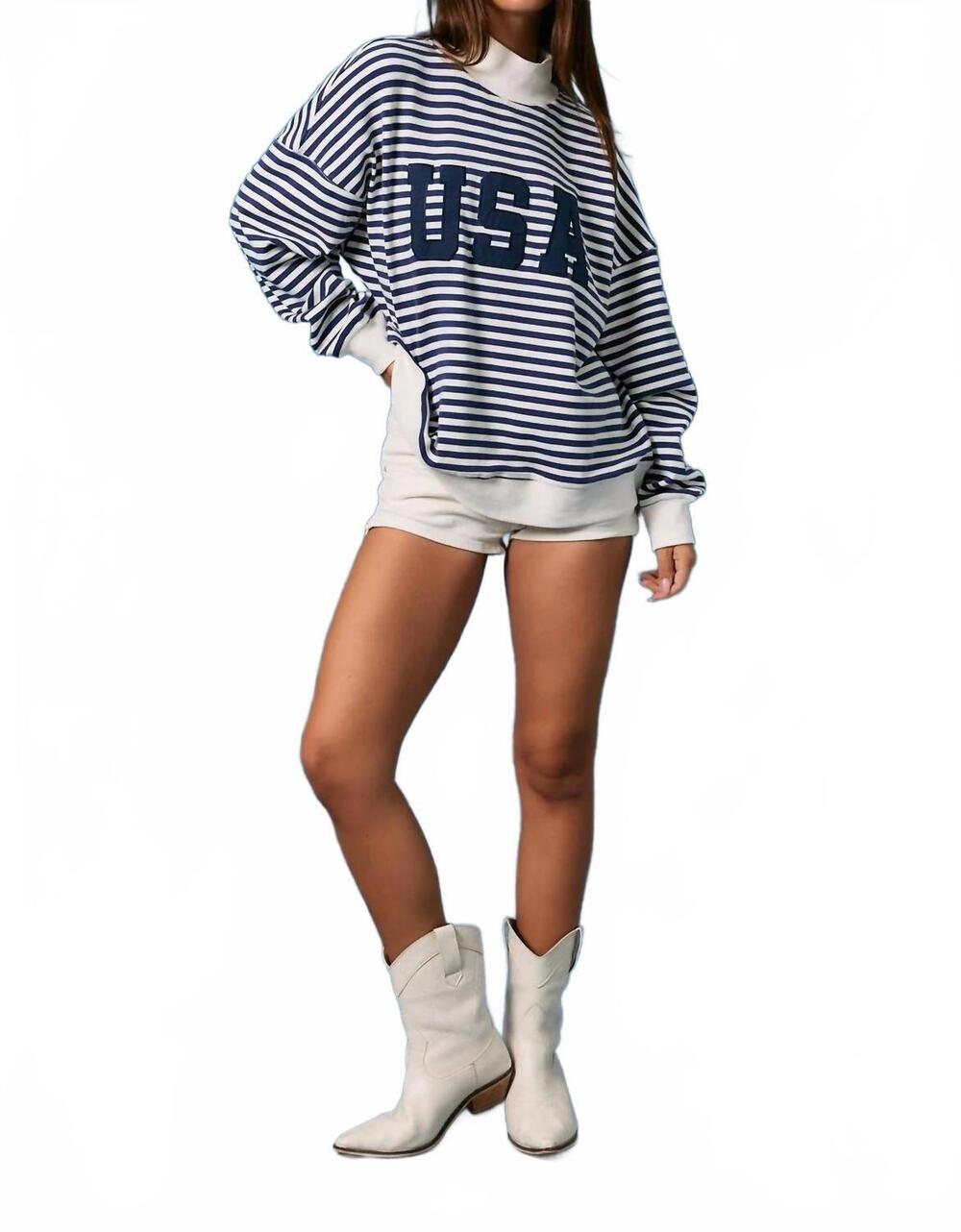 NEW LE LIS stripe mock neck sweatshirt with usa in navy